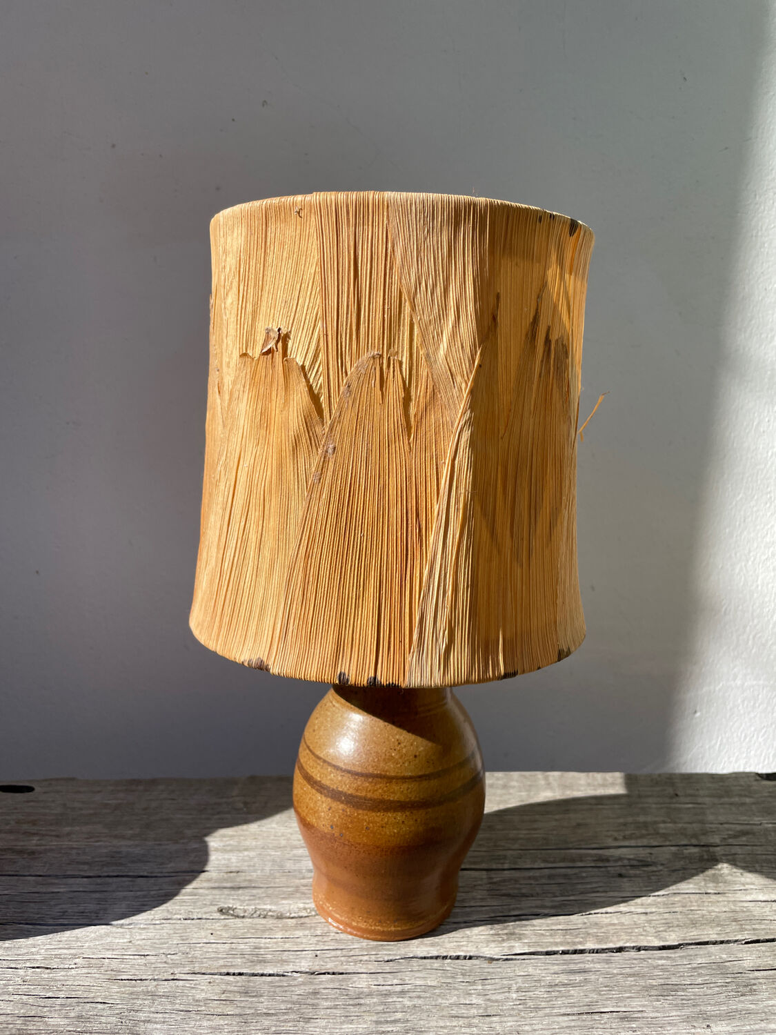 1970s brown ceramic lamp with foliage shade
