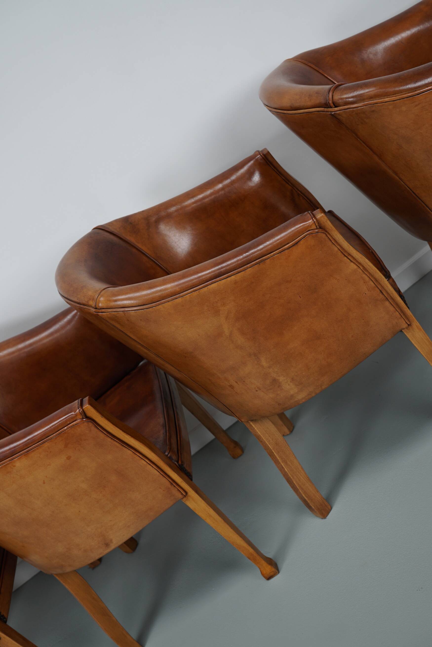 Fauteuils club style art déco en cuir cognac, pays-bas, set de quatre