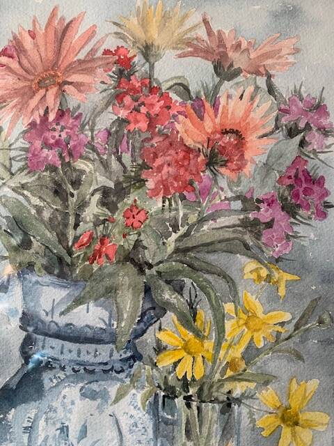 Old watercolor signed Jany. F. Millet (1926-1992), bouquet of flowers under framed glass, 1950