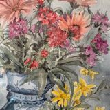 Old watercolor signed Jany. F. Millet (1926-1992), bouquet of flowers under framed glass, 1950