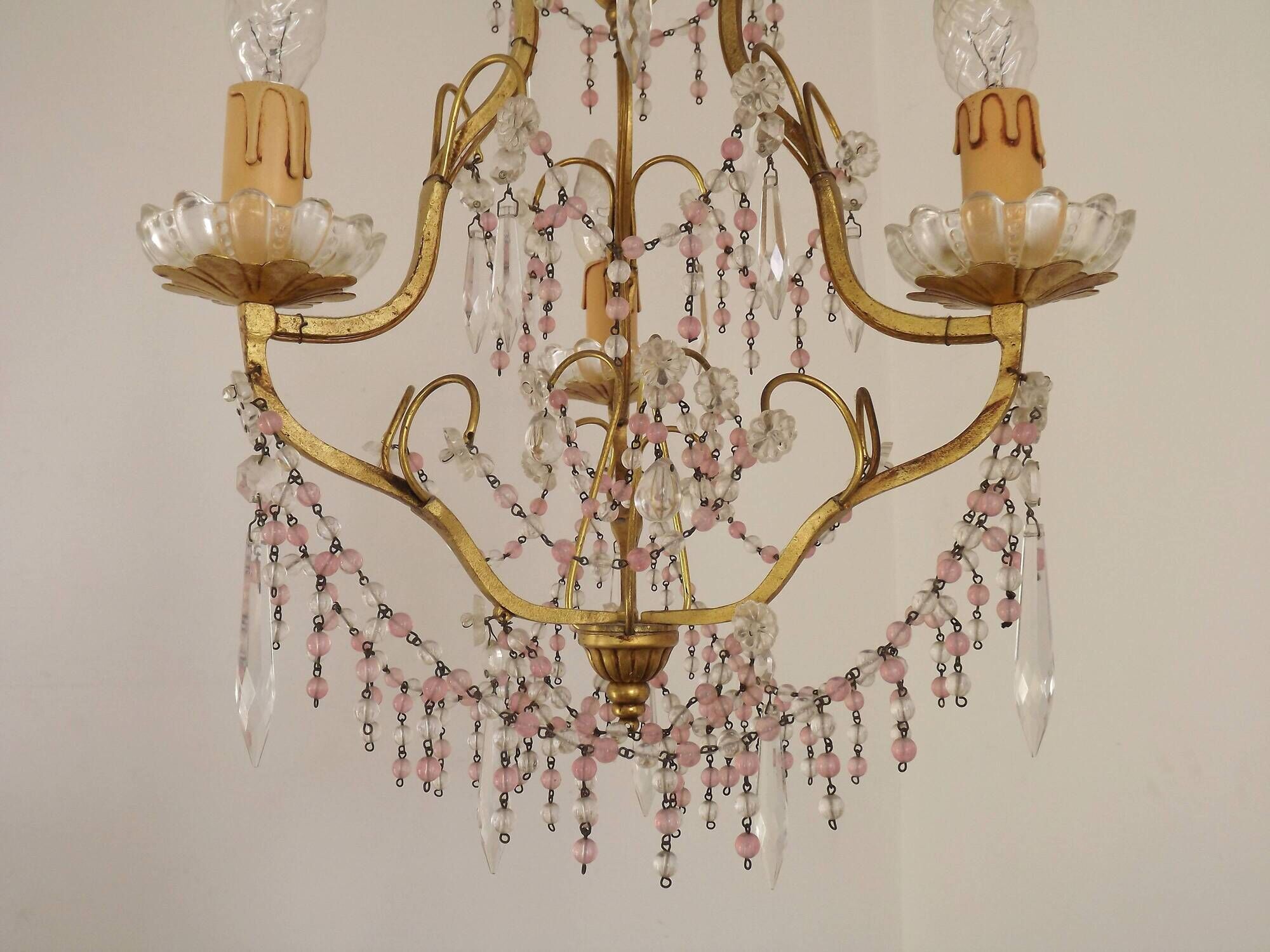 French gilt bronze three-light cage chandelier with pink and clear beaded swags.
