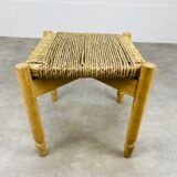 Stool woven straw raw wood