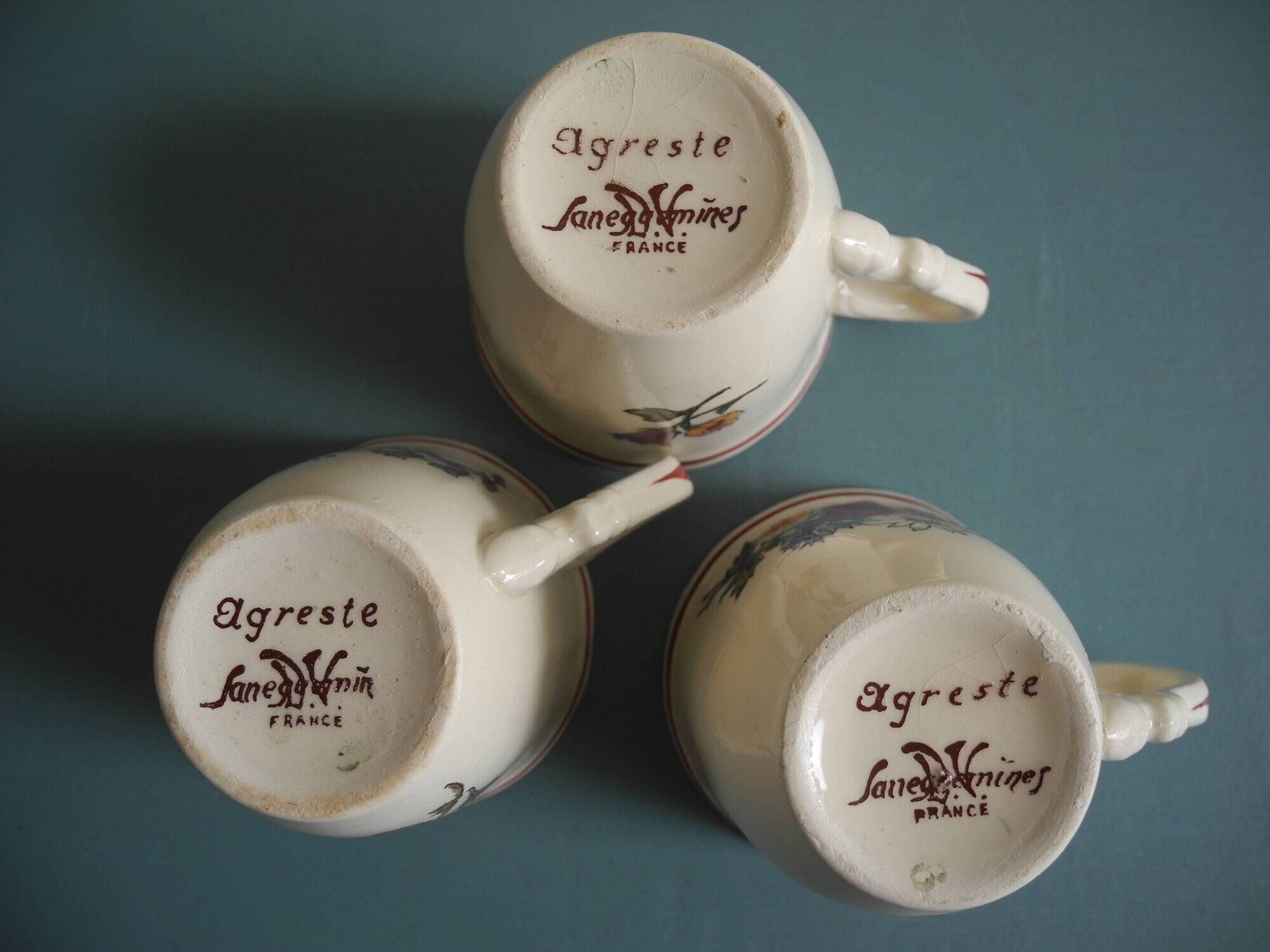 set of 6 Sarreguemines Agreste art table antique french cups plates