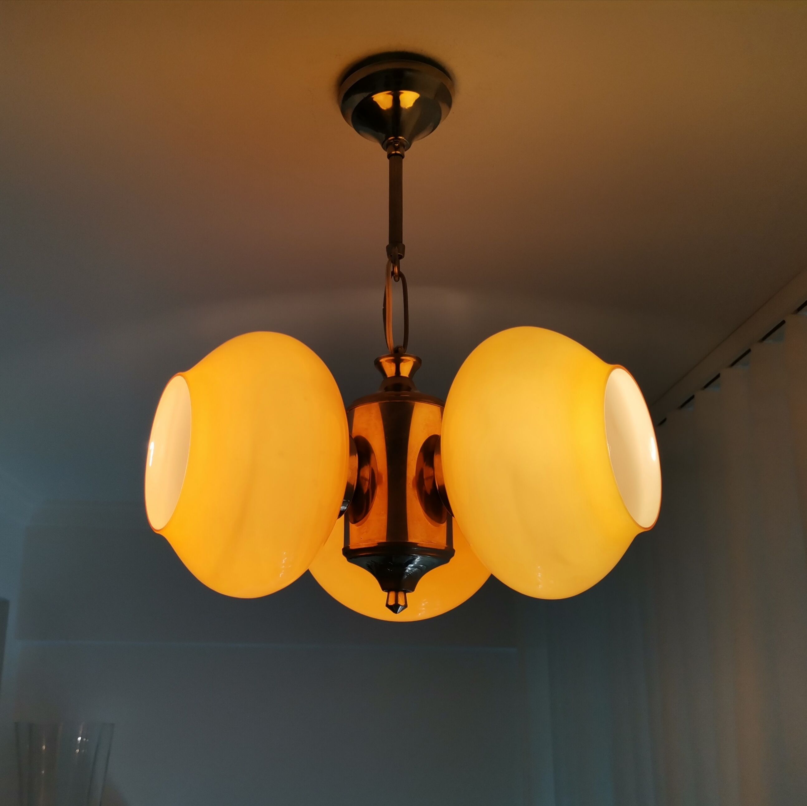 Vintage mid century modern 3-light orange glass chandelier