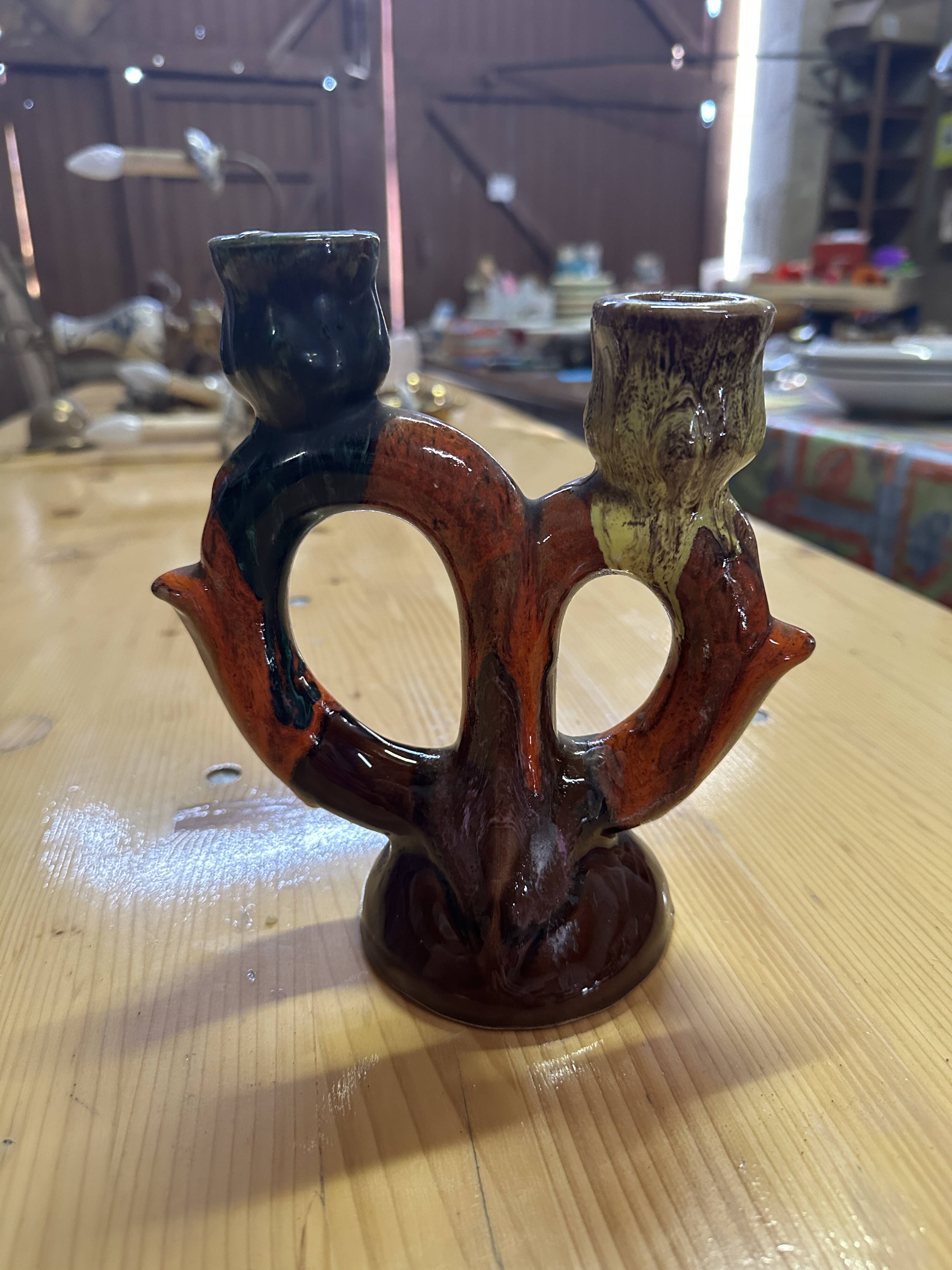 Vintage Vallauris ceramic two-branch candlestick chandelier