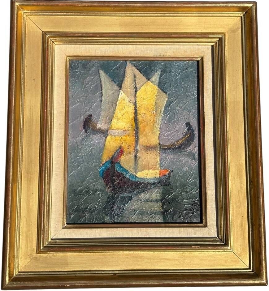 Oil painting on canvas by Louis Toffoli titled "The Floaters" on the back.