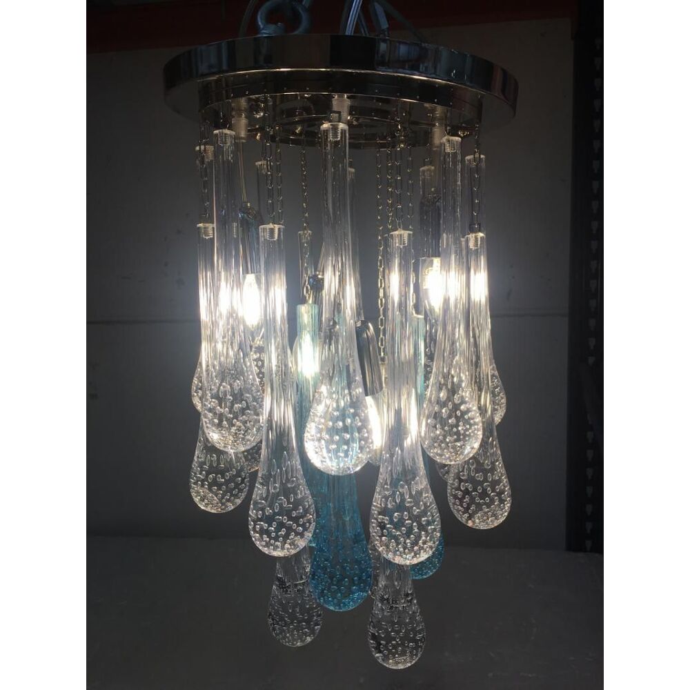 Flush mount in metal framed chrome with large clear and blue drops