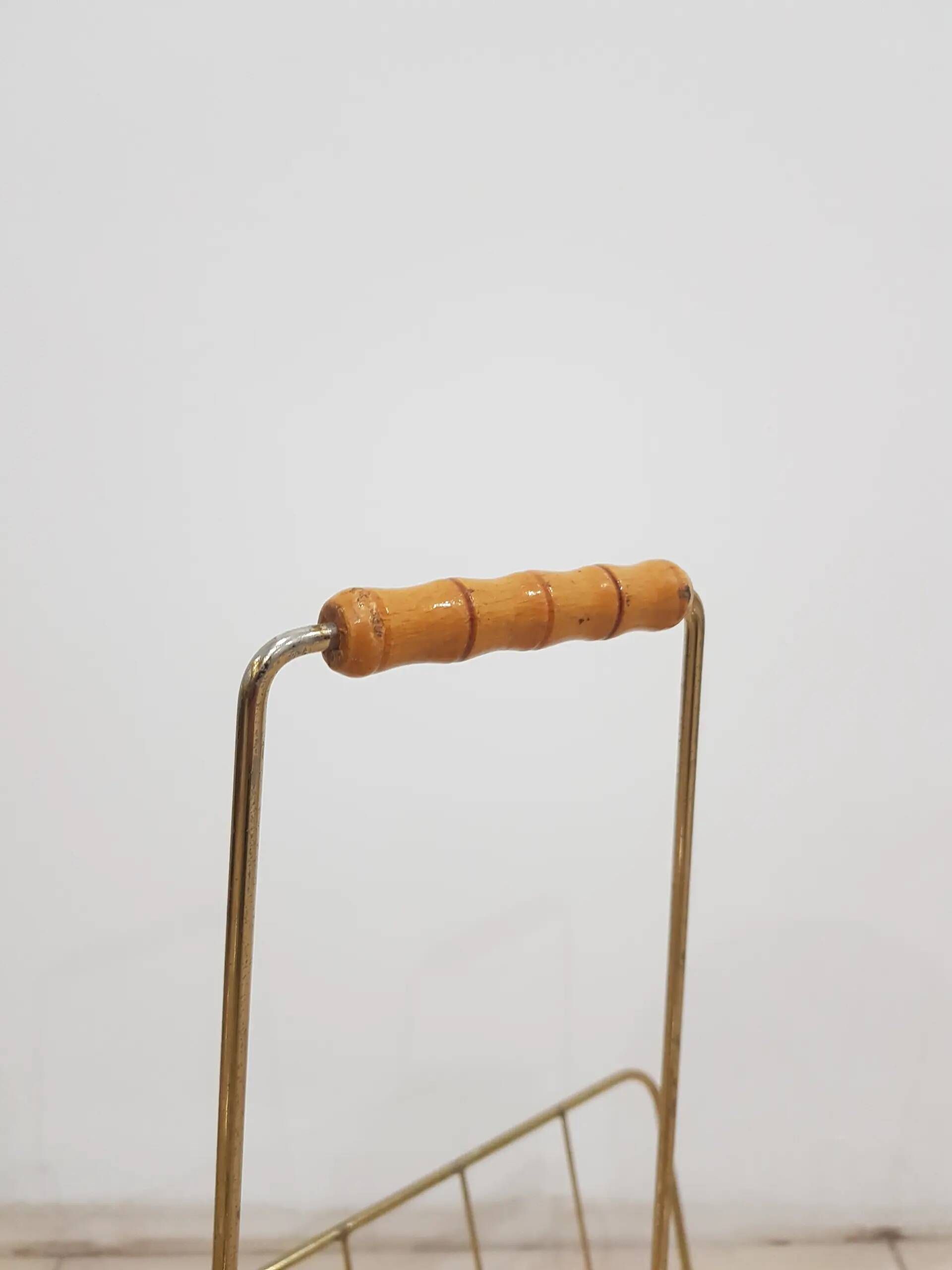 Magazine rack, gold metal, brown wood, Germany, 1970s