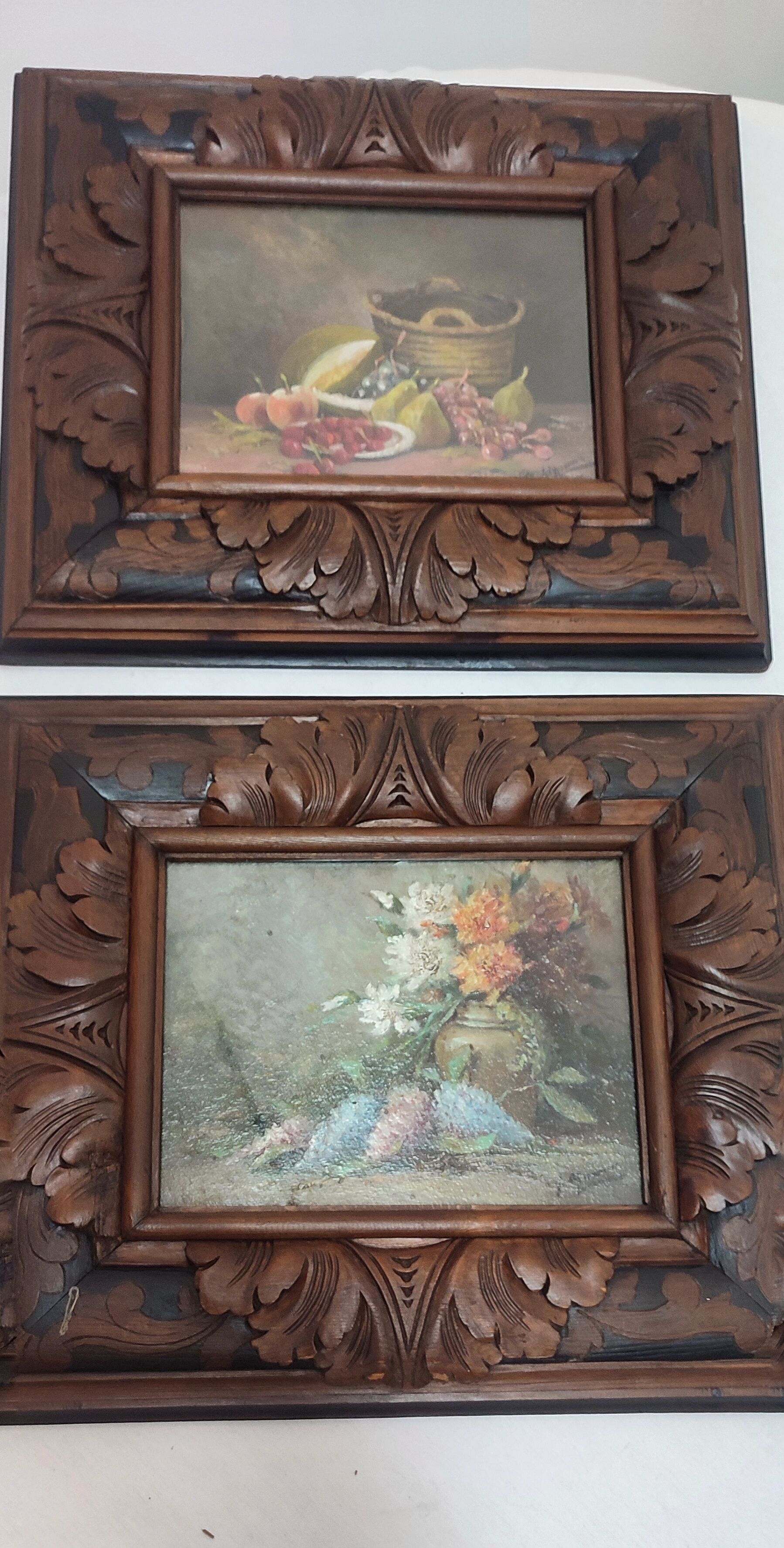 Pair of oils on cardboard with carved wooden frame. Spain 1950s.