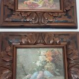 Pair of oils on cardboard with carved wooden frame. Spain 1950s.