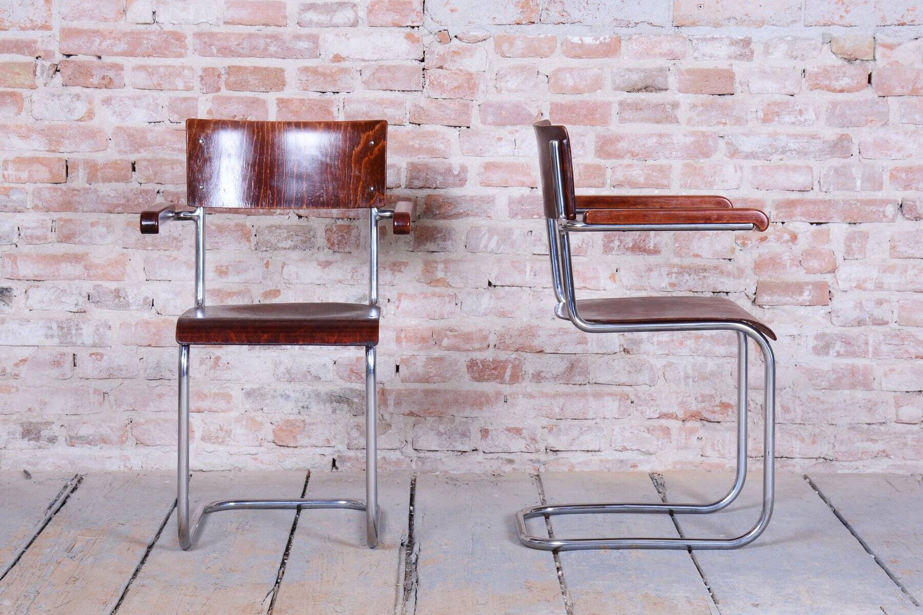 Set of Vintage Bauhaus Chairs in Chrome and Plywood by Mart Stam, 1930s