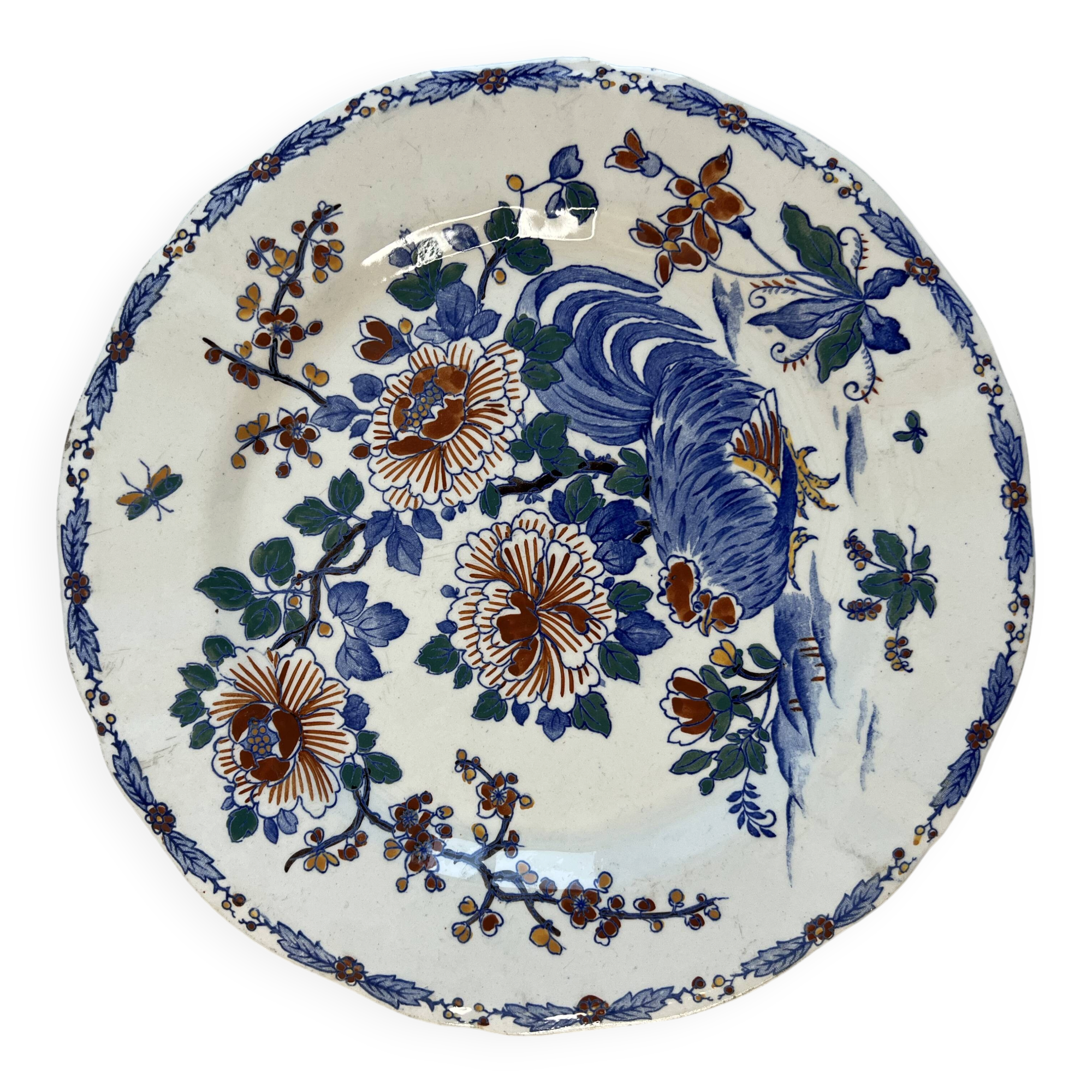 Antique plate in Gien earthenware — model “Rooster with Peonies”