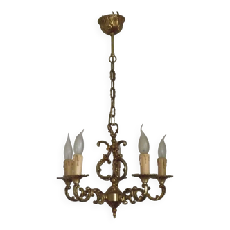 Italian Mid Century 5 Light Chandelier Acanthus Leaf & 3 Sided Cage Detail