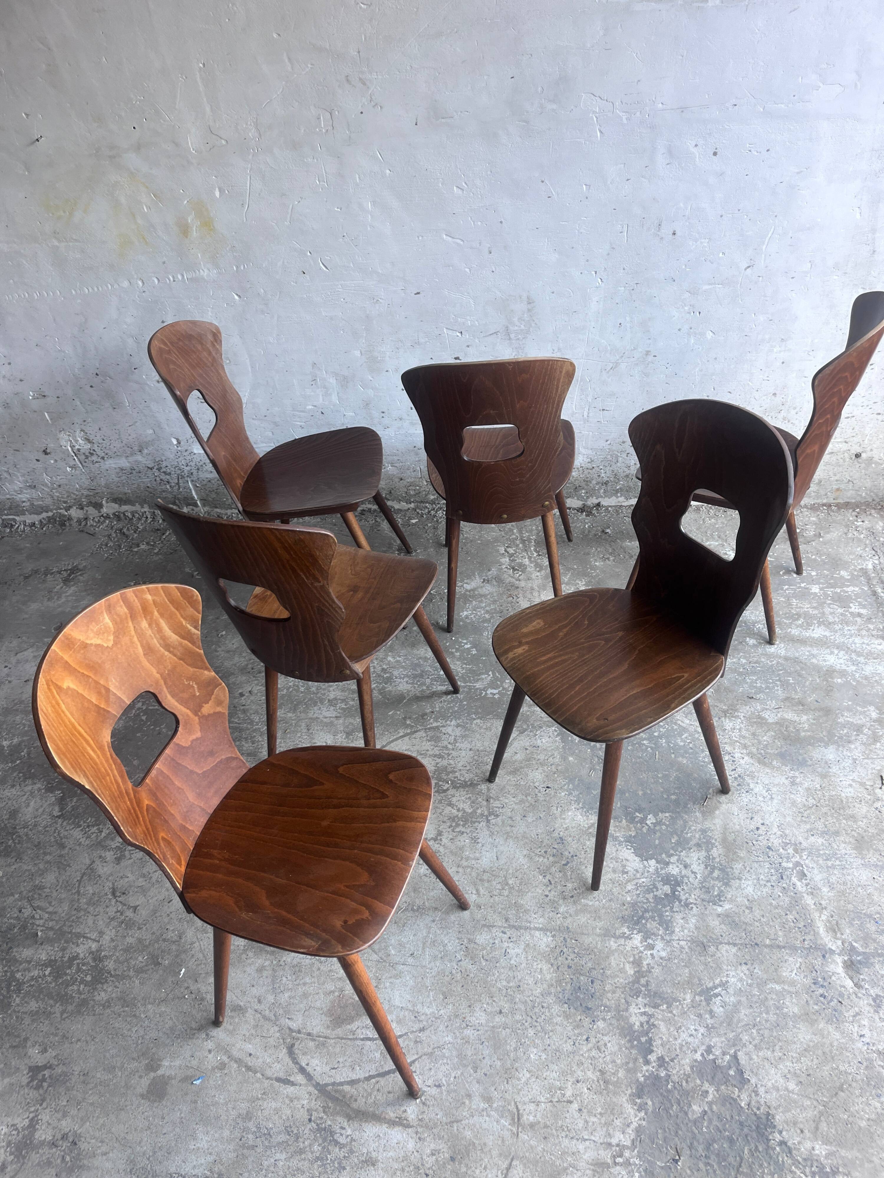 Set of six plywood dining chairs by Baumann, France, 1950s.