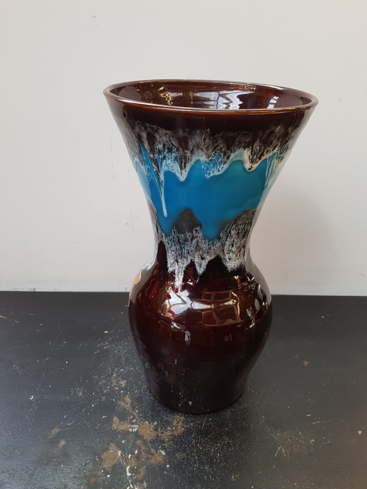 Old vase vallauris fady large model ceramic brown blue drips vintage