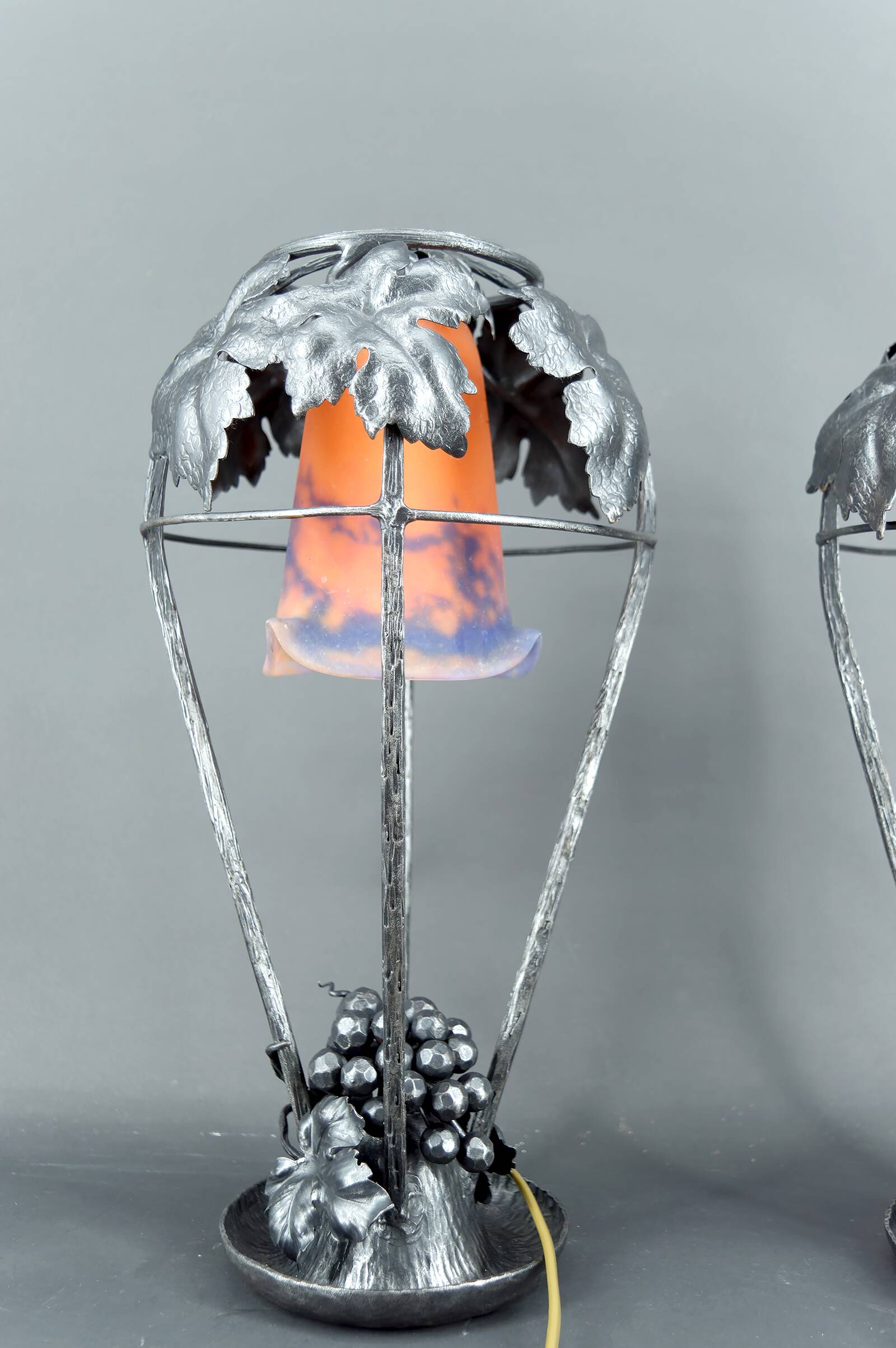 Pair of Wrought Iron Lamps, Vine Theme, Müller Frères, Art Deco, 1925