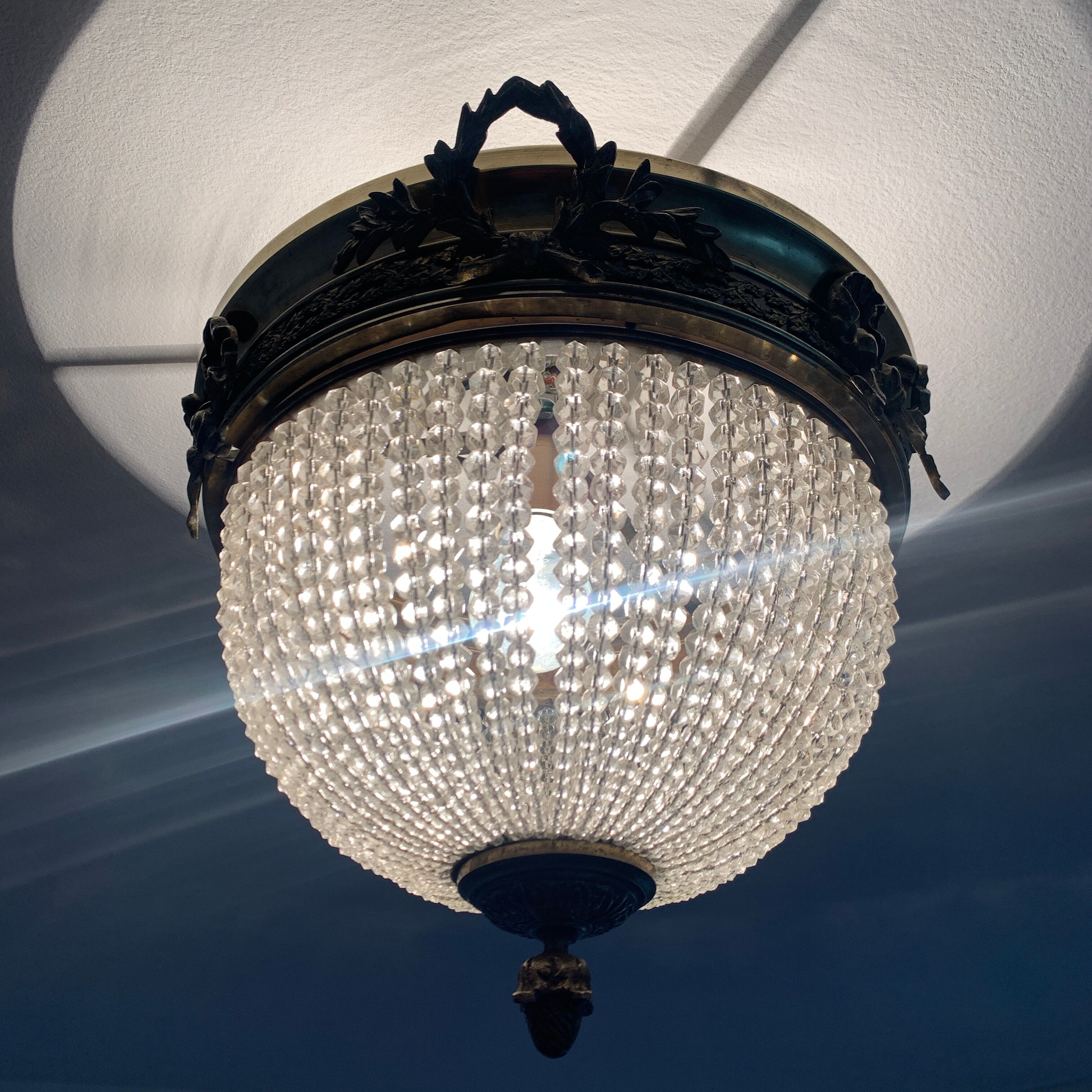 Ceiling light basket old 19th brass and faceted glass beads
