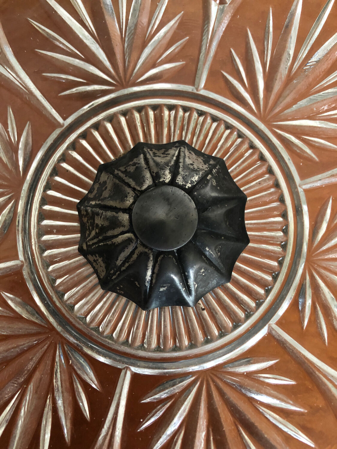 Old centerpiece cut art deco glass + foot silver metal vintage #a285