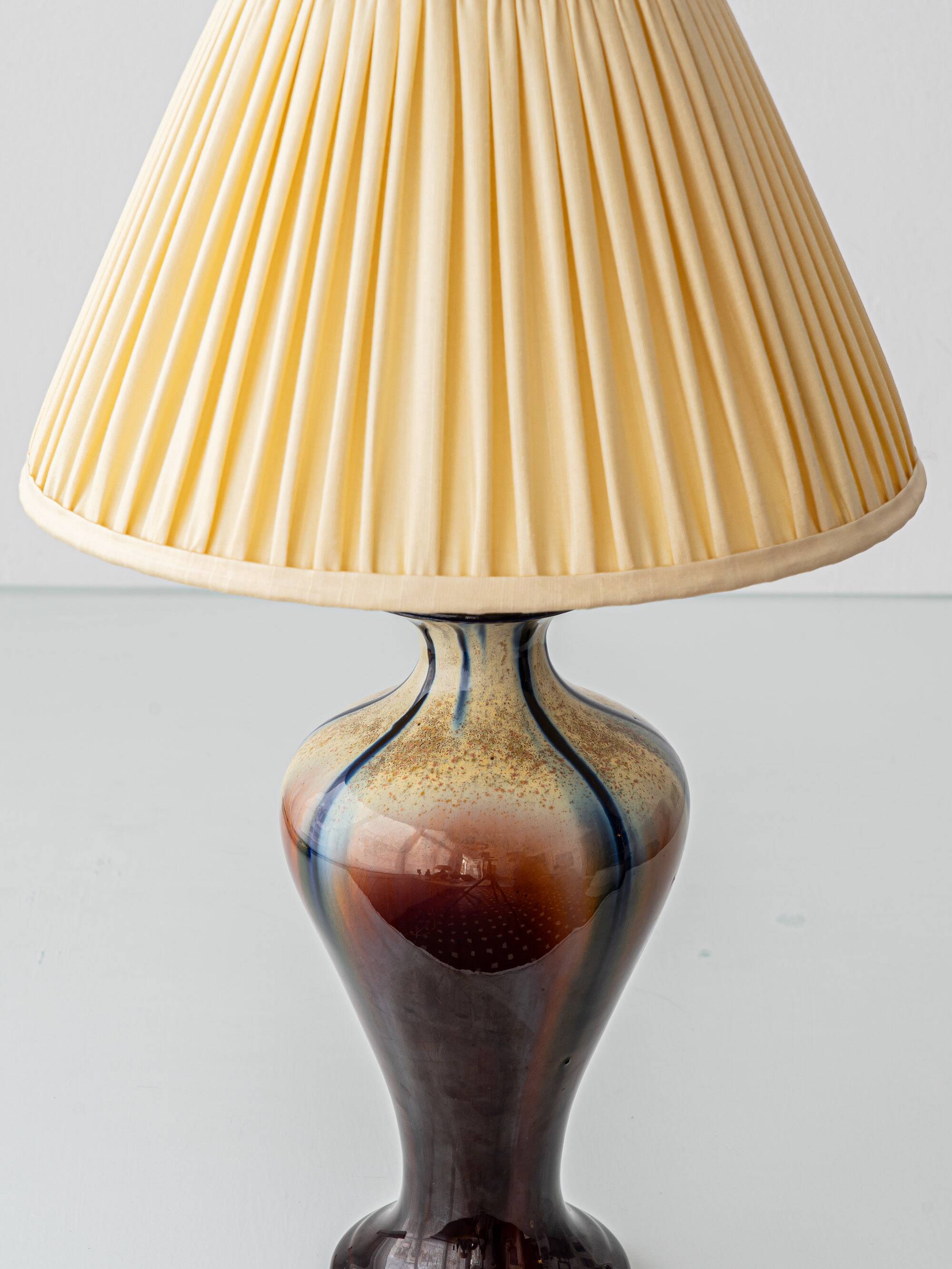 Belgian Art Deco Ceramic Table Lamps, Pair, Flambé Drip Glaze, New Silk Shades