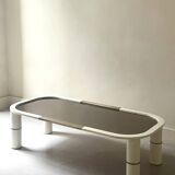 Rectangular coffee table with rounded edges, lacquered metal, brass & smoked mirror, 70s design.