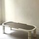 Rectangular coffee table with rounded edges, lacquered metal, brass & smoked mirror, 70s design.