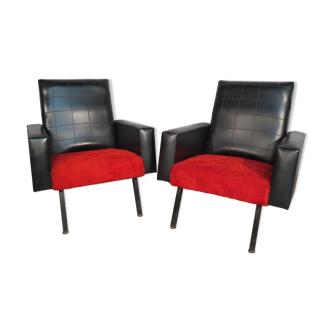 Pair of vintage armchairs in skai and "moumoutte"