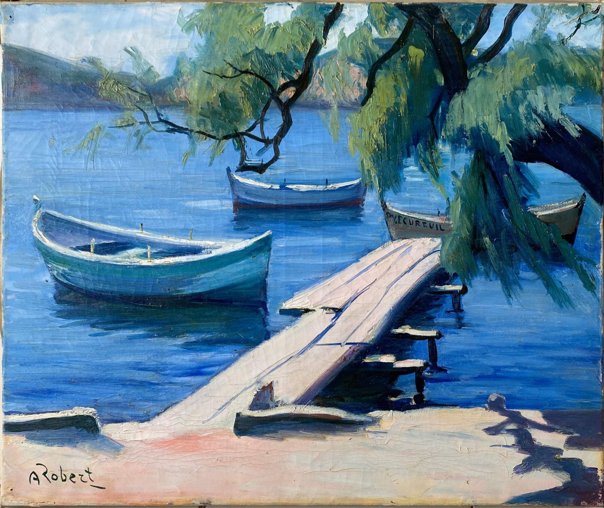 Painting "The sunny pontoon" HST signed A. Robert (post impressionist)