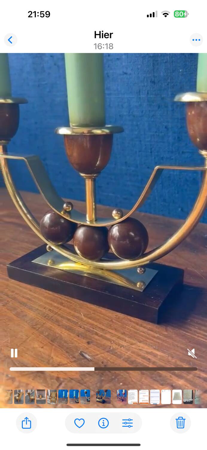 Pair of Art Deco candlesticks in brass and varnished wood, 1930s/1940s