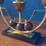 Pair of Art Deco candlesticks in brass and varnished wood, 1930s/1940s