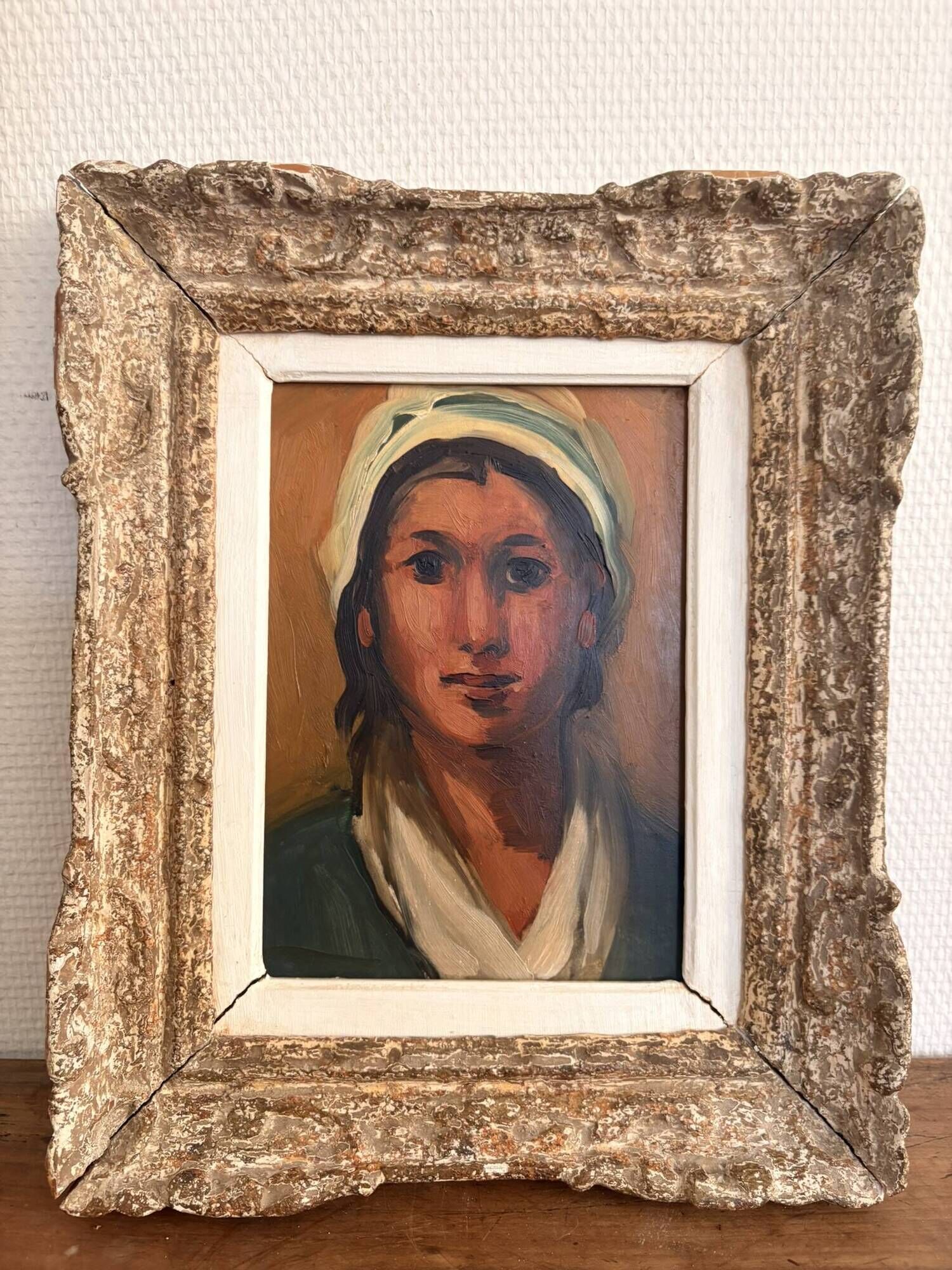 Tableau by Pedro Creixams, Oil, Portrait of a Woman with a Scarf, School of Paris.