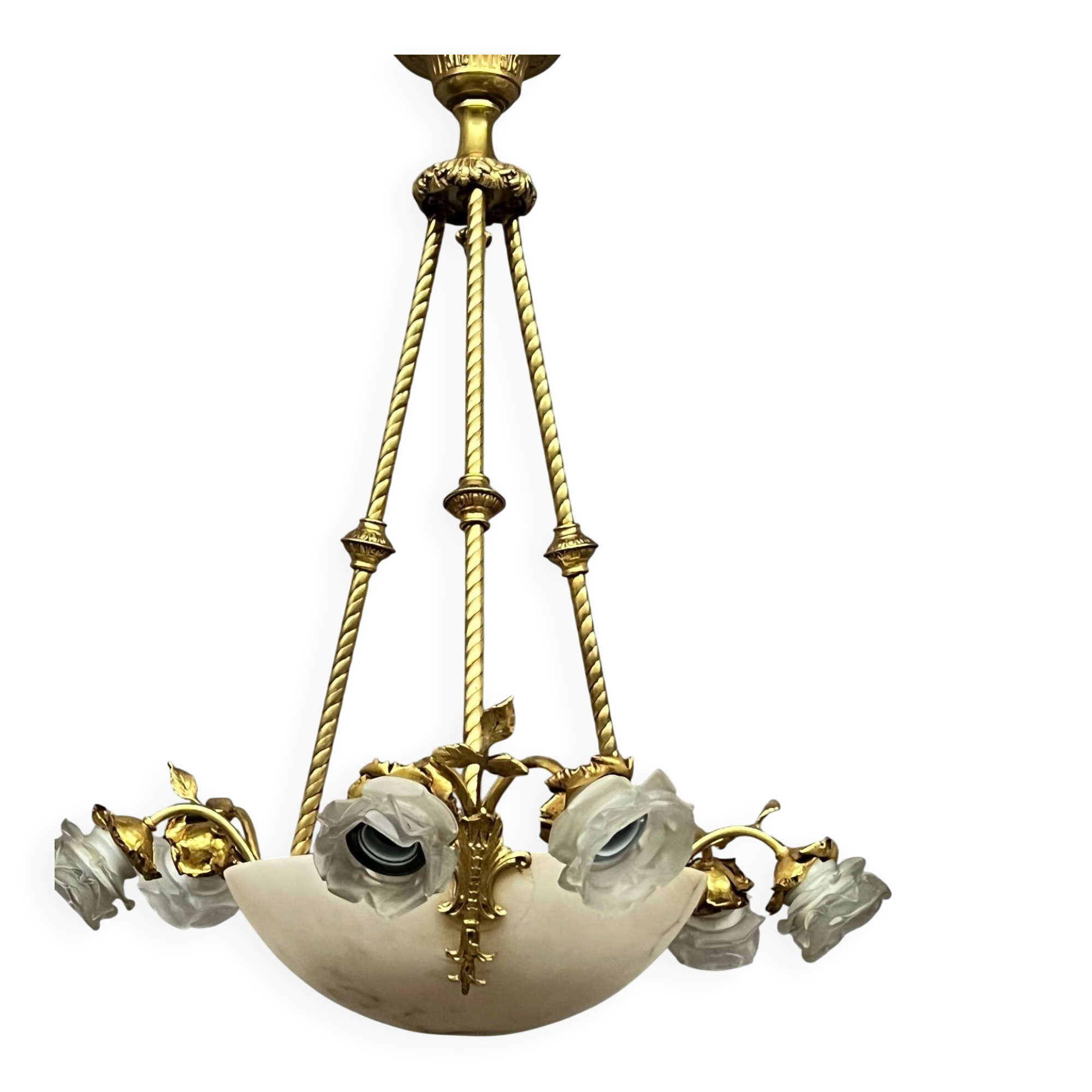 Art Deco chandelier. Marble, solid gilded bronze.
