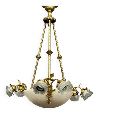 Lustre art déco. Marbre, bronze massif doré.