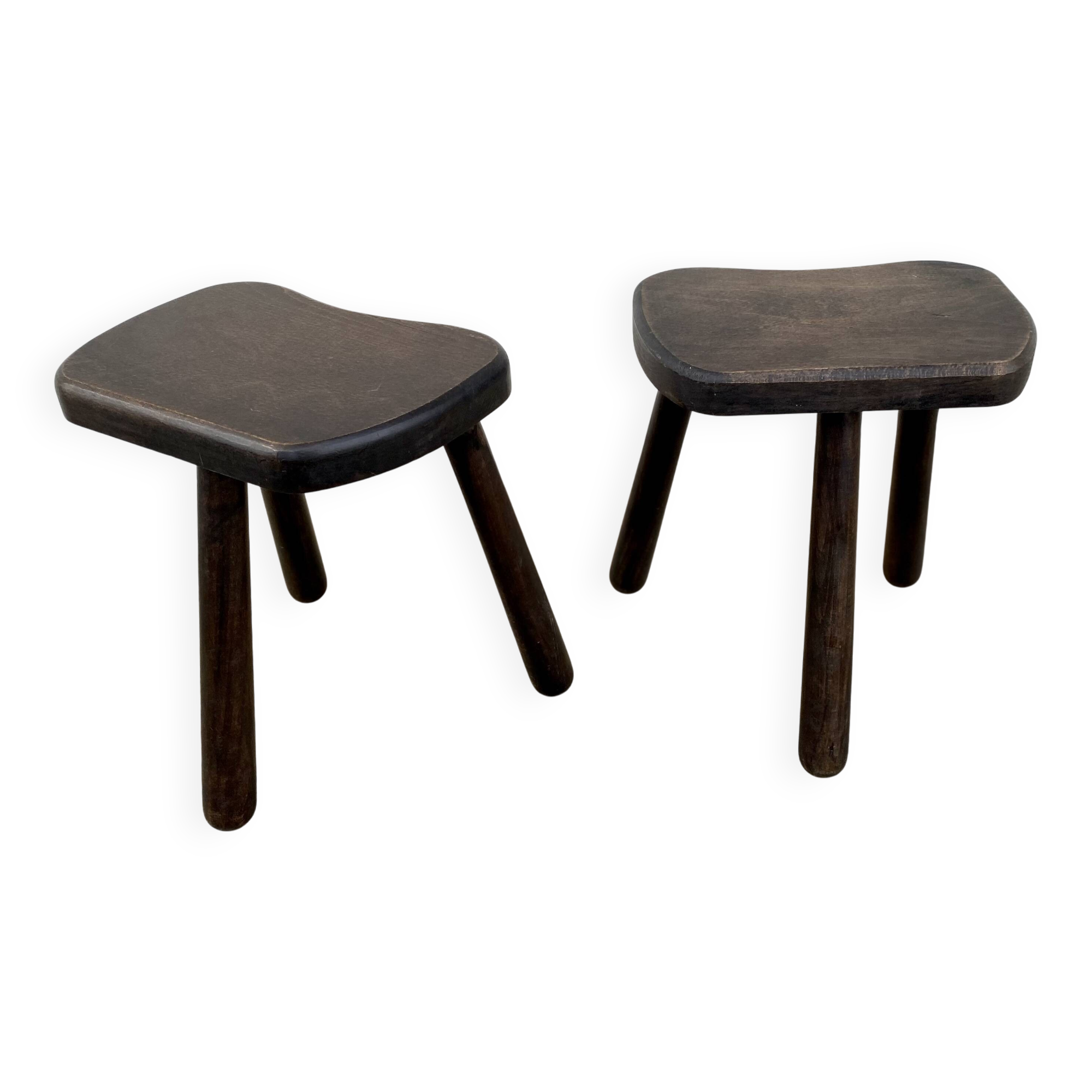 Pair of vintage stained wood tripod stools from the 1970s