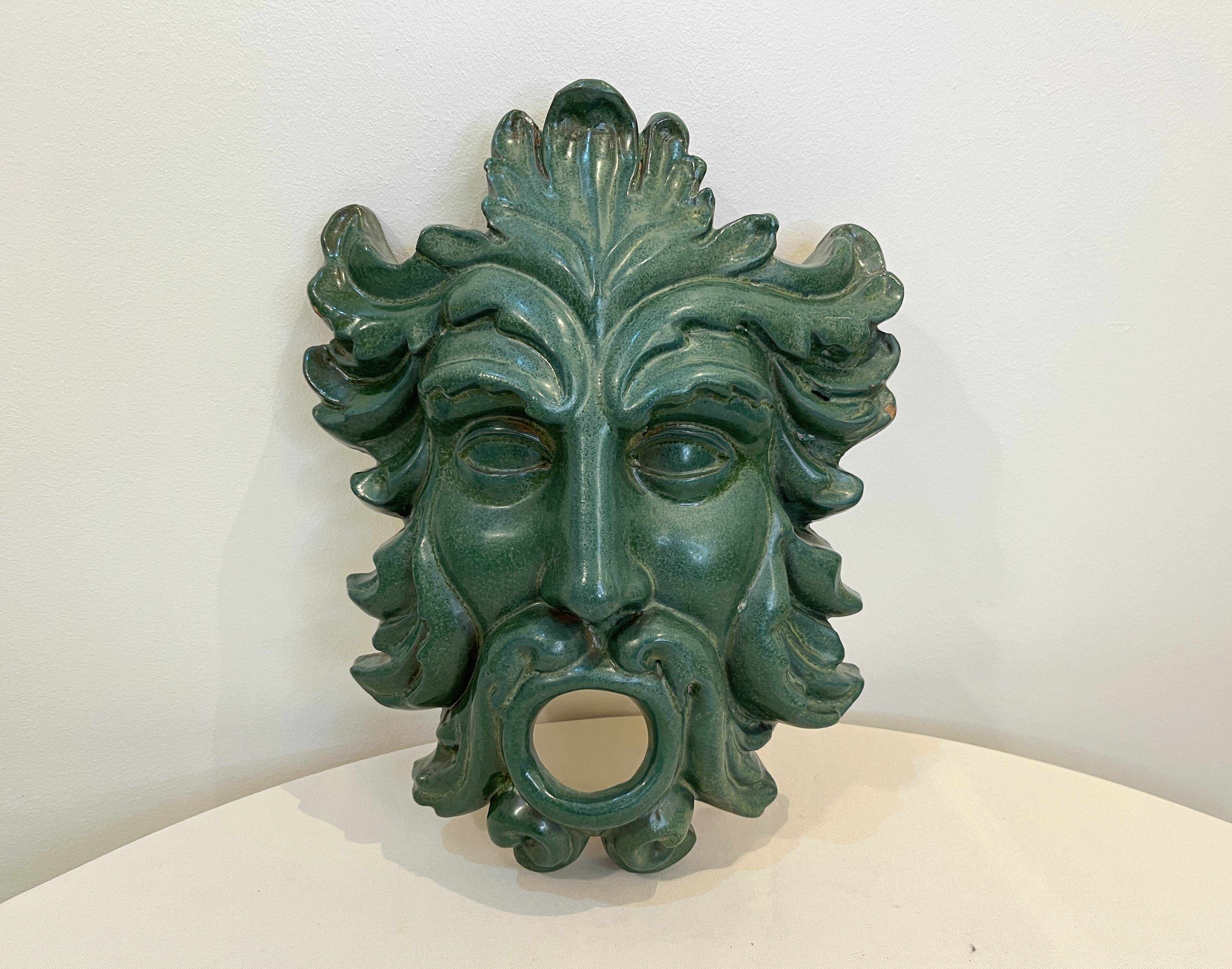 Mask wall sculpture head of Poseidon Neptune ceramic bronze green fountain mouth