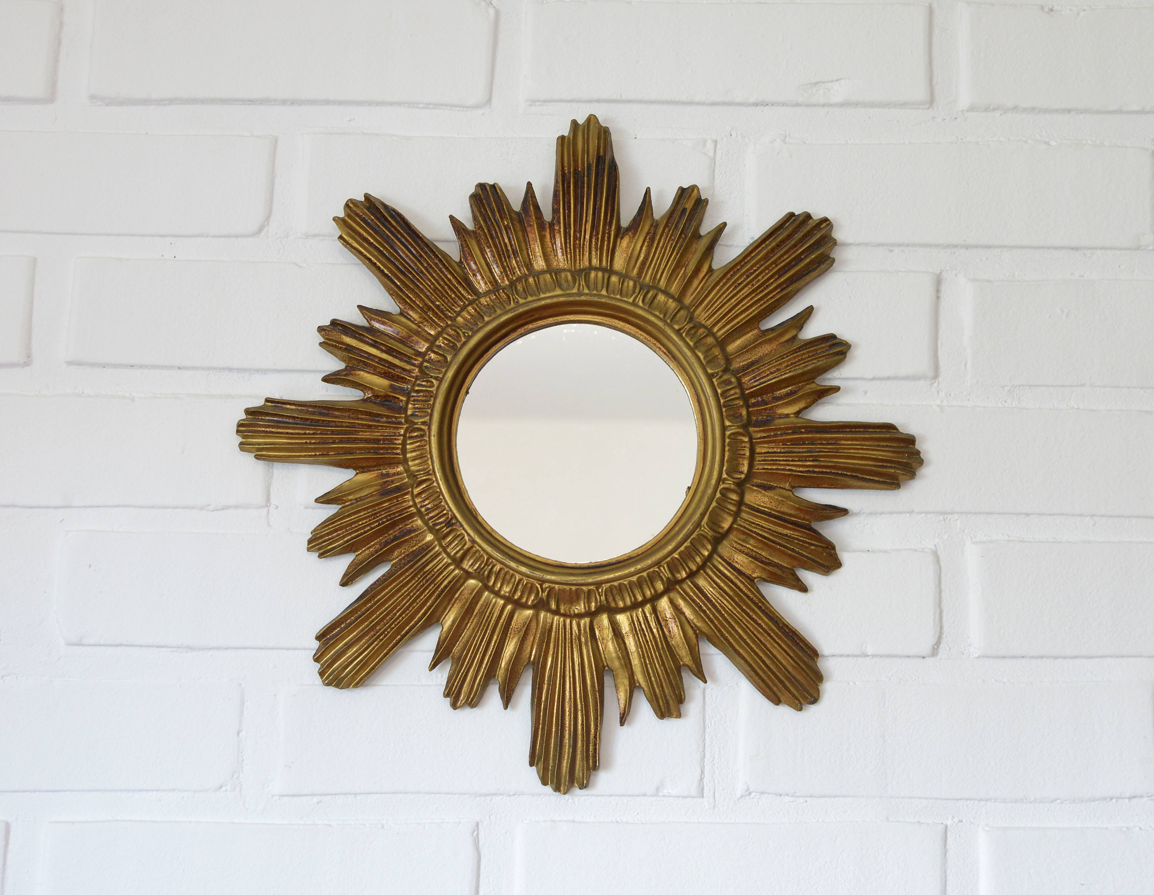 Vintage Gold Sunburst Wall Mirror Made in Italy 1960's Hollywood Regency