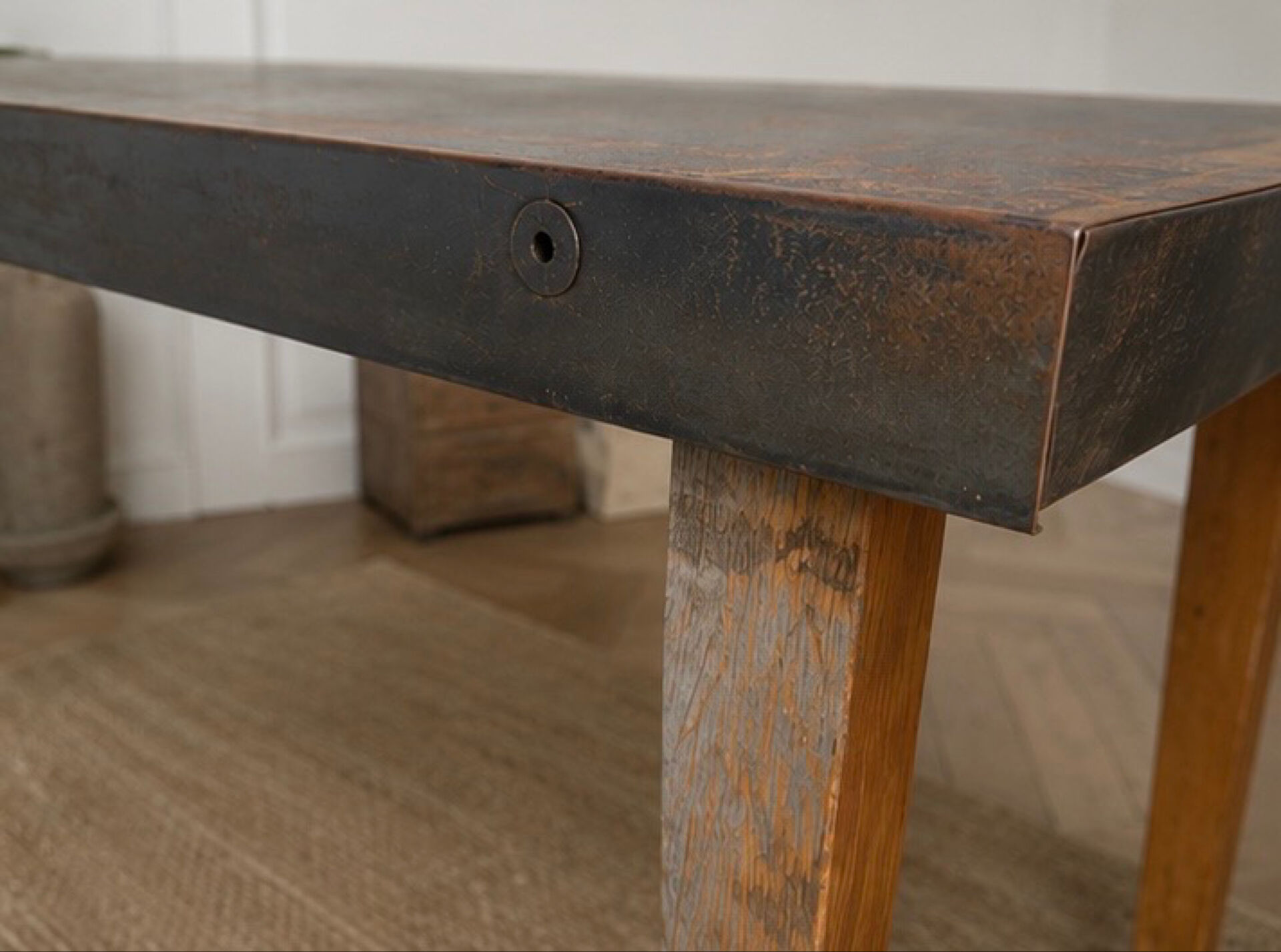 Grande table industrielle années 50 acier et bois 200cm