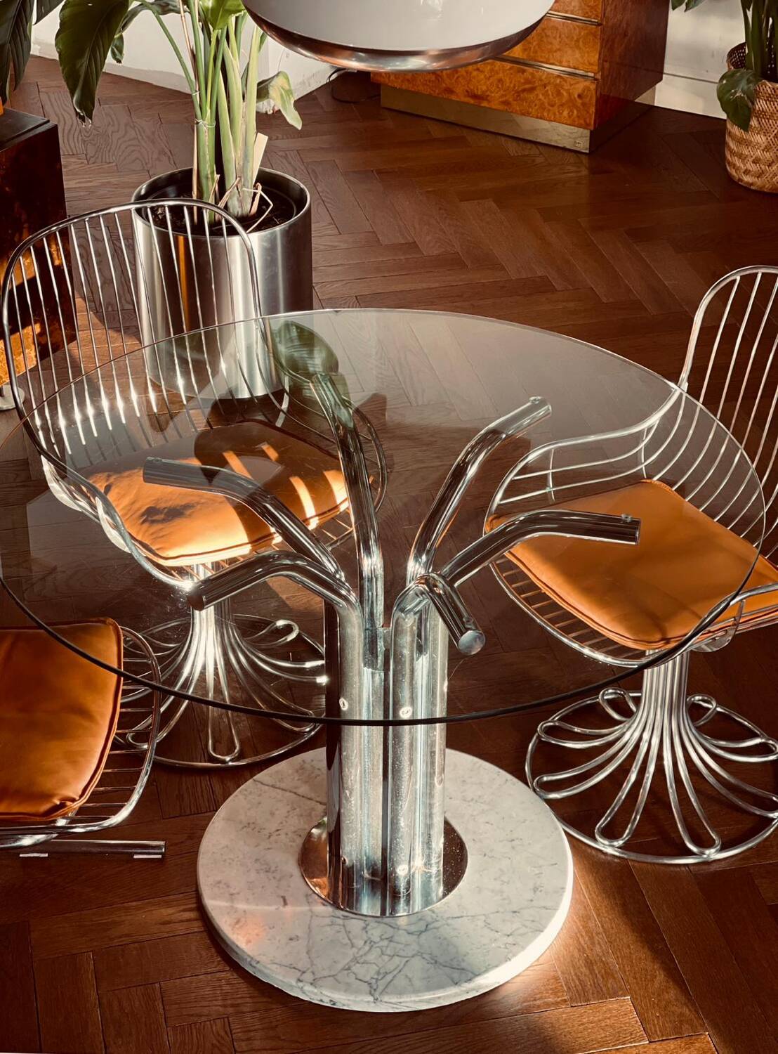 Dining table glass chrome and marble 1970s Italian vintage design