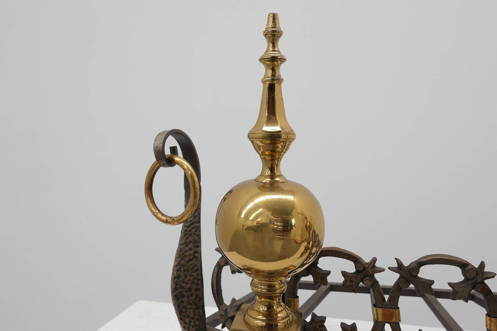 Pair of French Brass Firedogs and Wrought Iron Fireplace Grate, 20th Centur