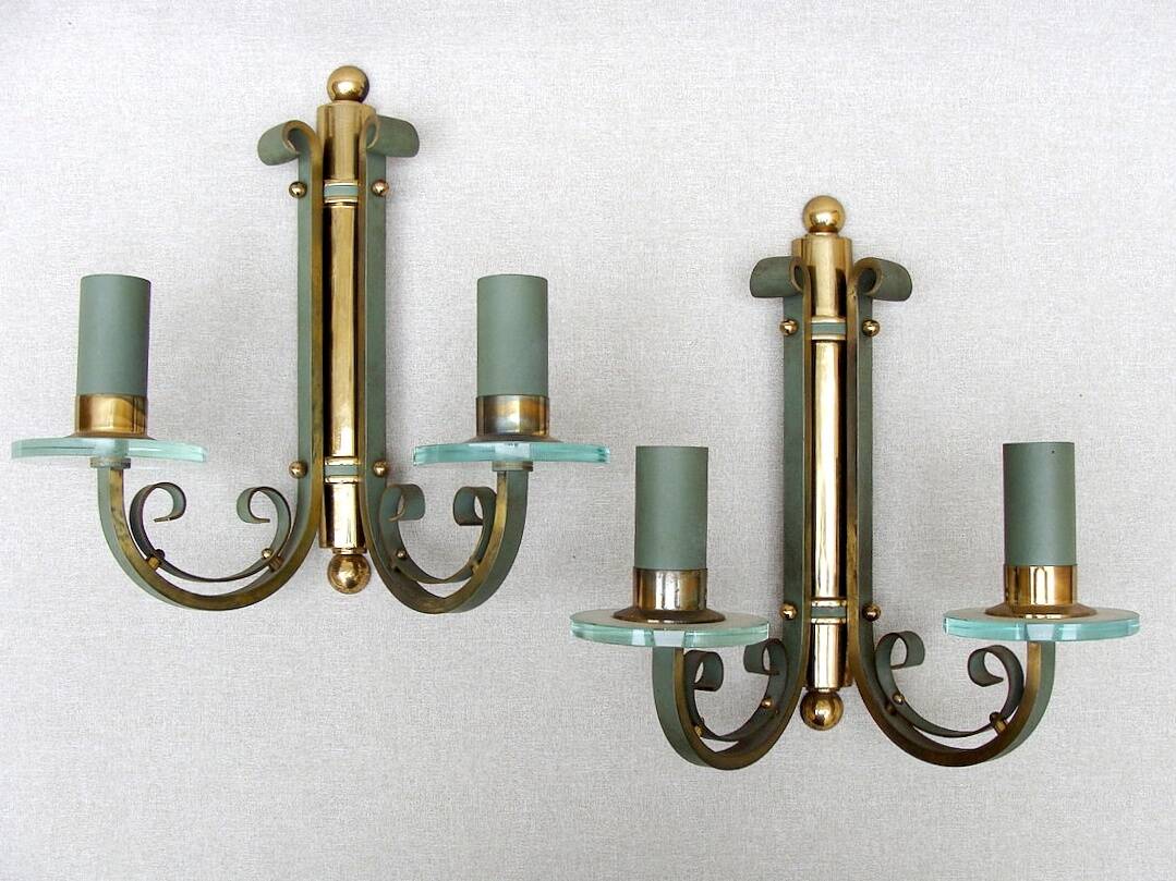 Pair of art deco lacquered metal, brass and glass wall lights
