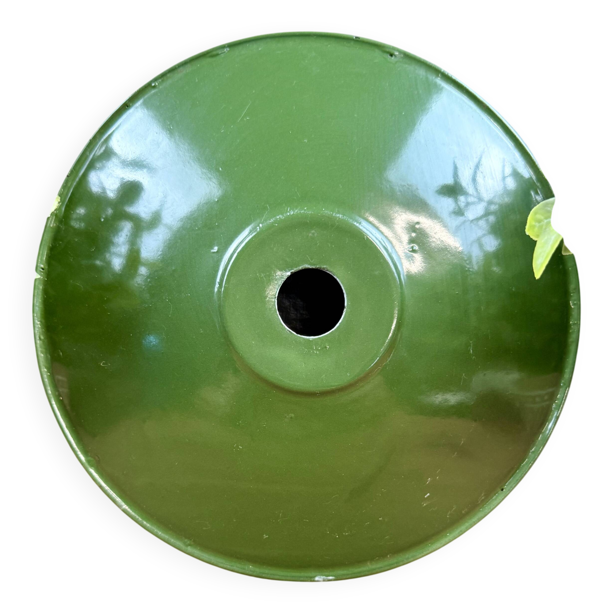 Old industrial workshop lampshade in green enamelled sheet metal.