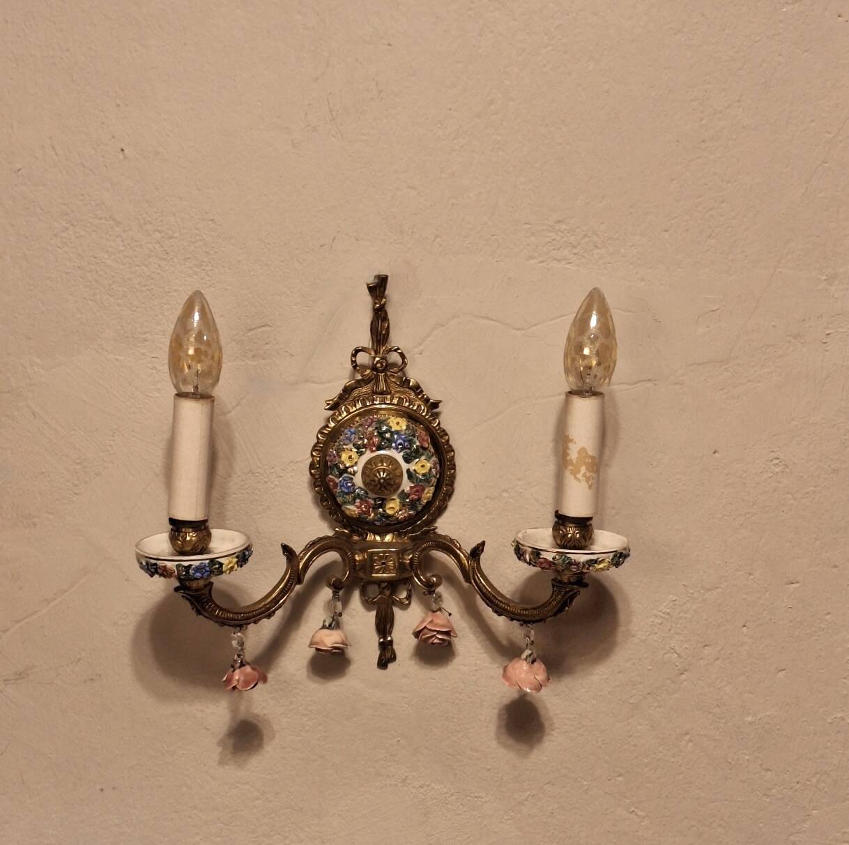Mid century Spanish Boho ceramic and brass wall light