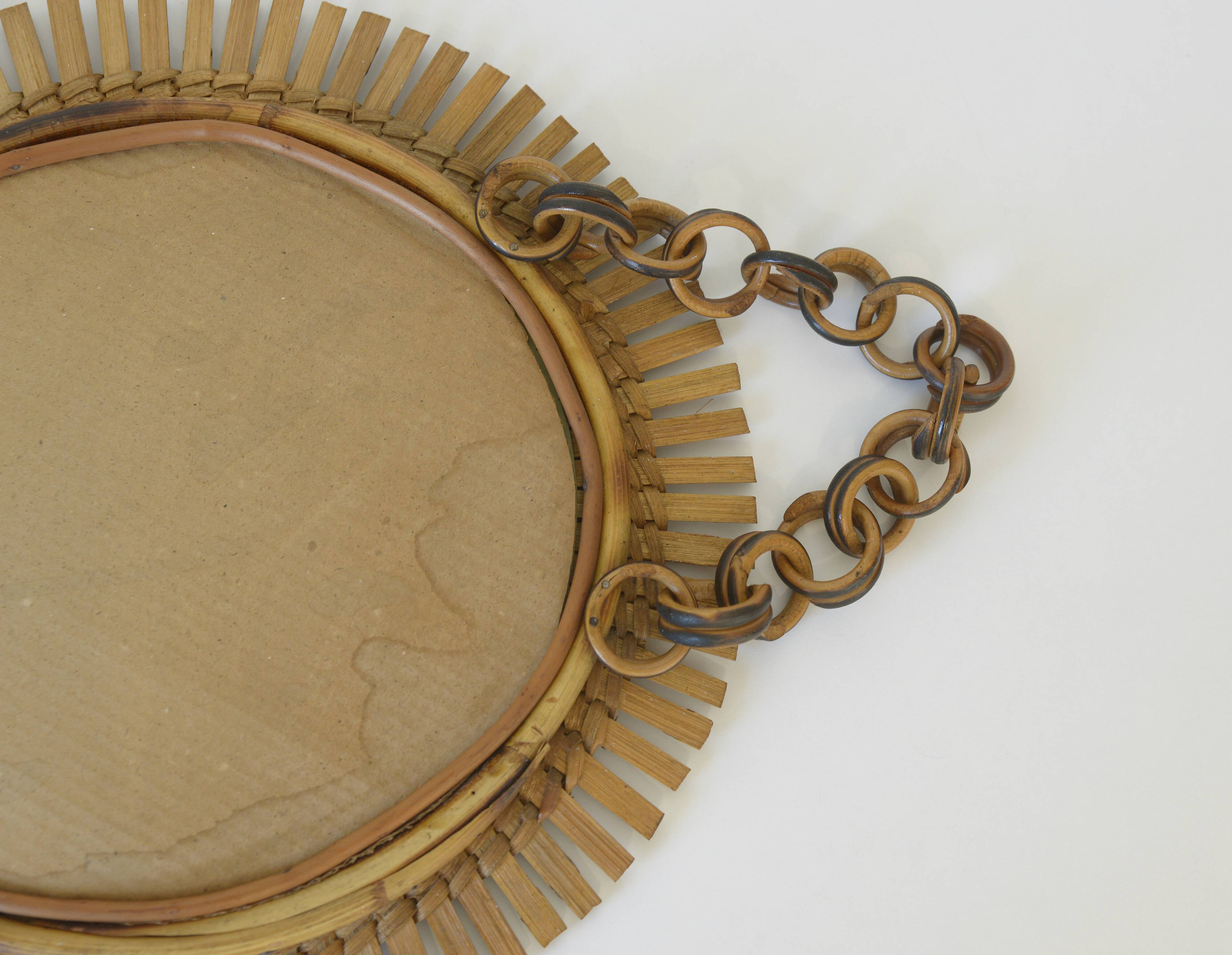 Vintage Bamboo Sunburst Wall Mirror / Mid Century Boho Decor 1970's