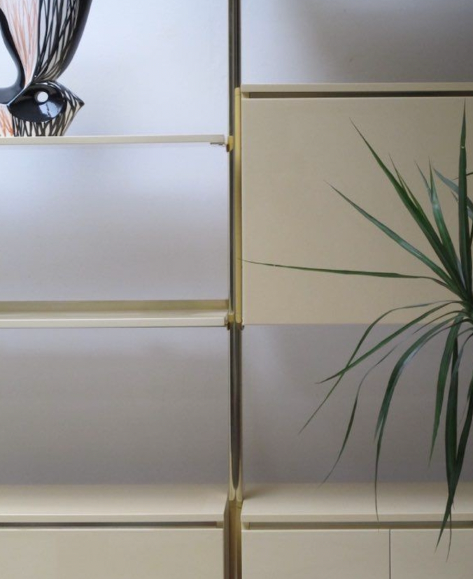 Ivory and brass lacquered library, International furniture 1970