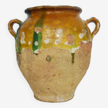 Ancien pot à confit jaune vernissé et vert, sud ouest de la France. Pot de conservation. XIXème