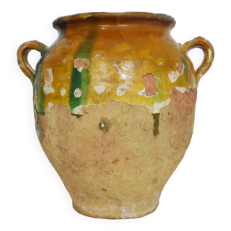 Old yellow and green glazed confit pot, south west of France. Storage jar. 19th century