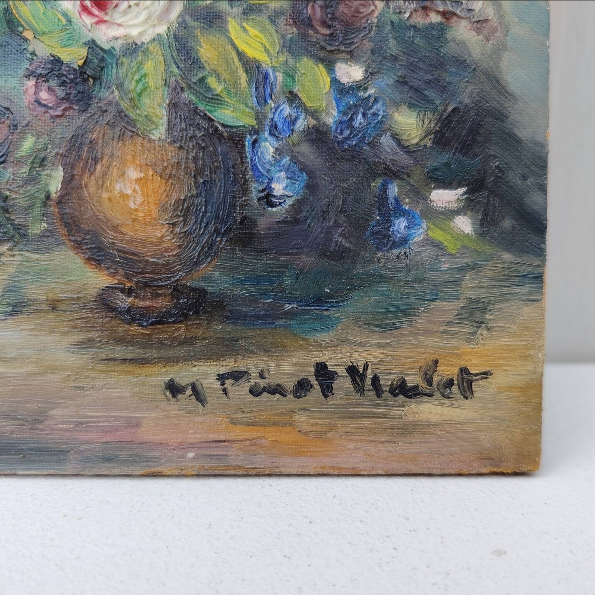 Huile sur panneau, bouquet de fleurs, Pinot Vialet