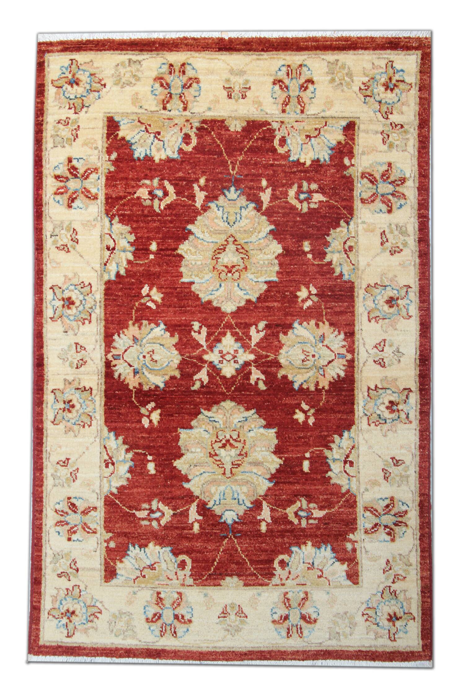 Red Gold Wool Rug, Handmade Floral Oriental Carpet 121x77cm Bedroom Decor