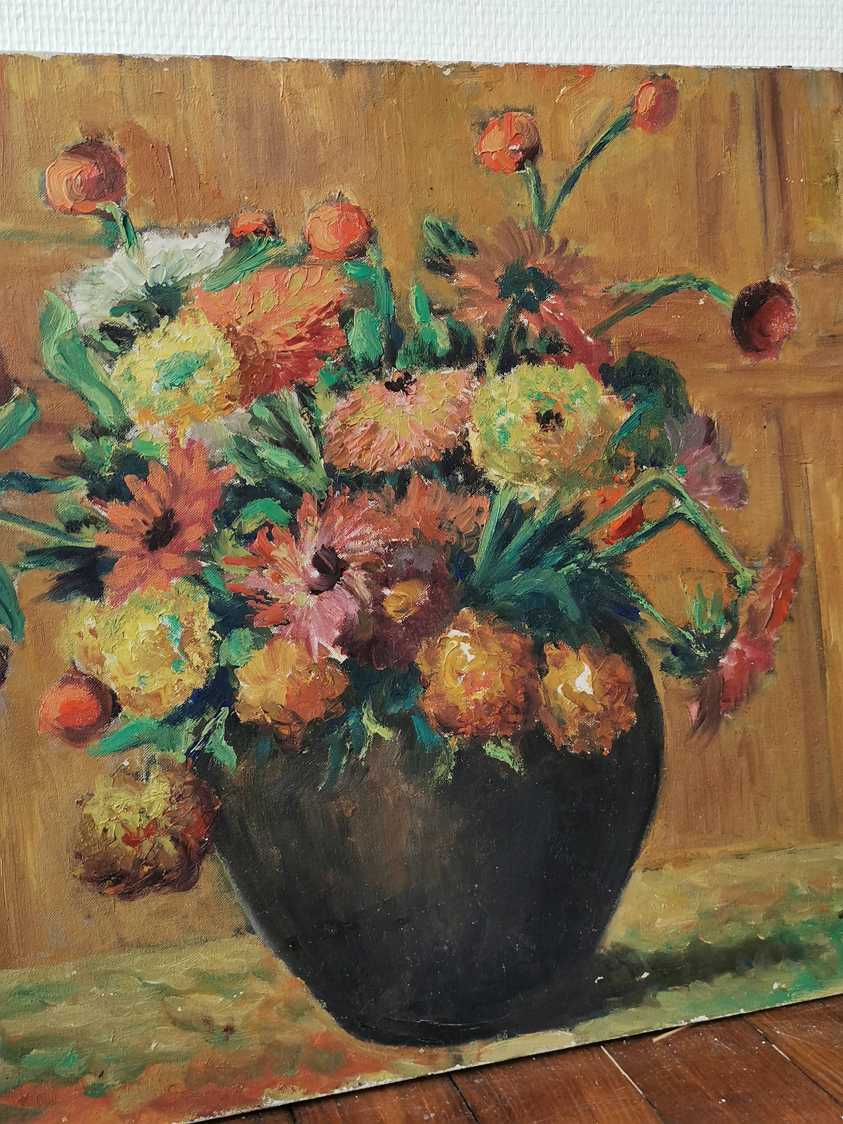 Ancient oil painting on canvas bouquet of flowers