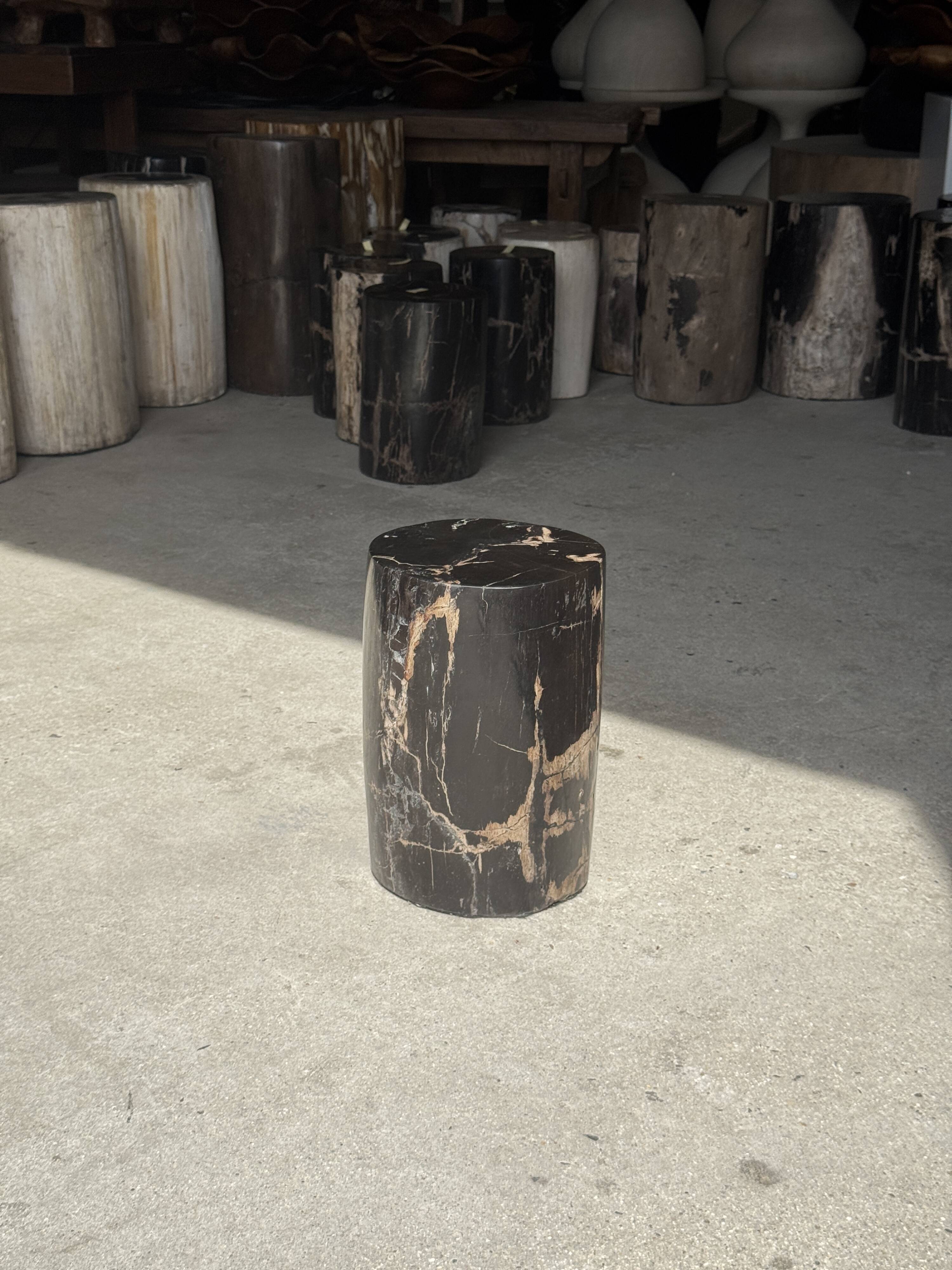 Small side table in black petrified wood with stripes and beige bottom H28.