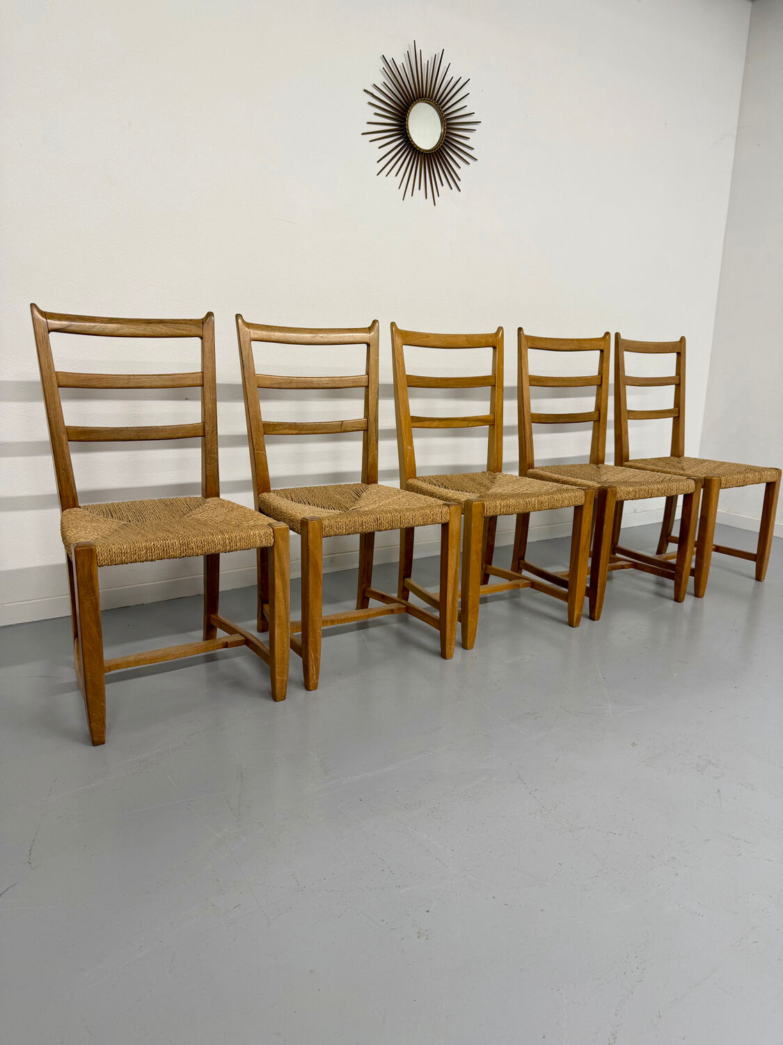 Set of 5 wooden chairs with rope seats, Scandinavian design, 1970s